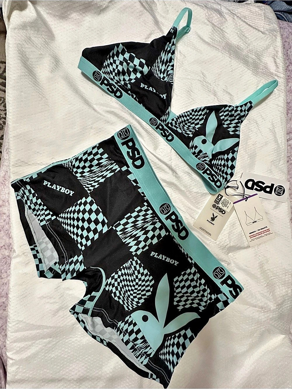 PSD x Playboy Warp Checks Bralette and Boyshort Set Black & Teal Blue XL - Picture 1 of 12